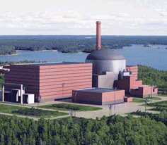 The Olkiluoto nuclear licensed site in Finland showing the existing reactors in the background and an image of the new EPR reactor in the foreground &copy;&nbsp;AREVA/NC